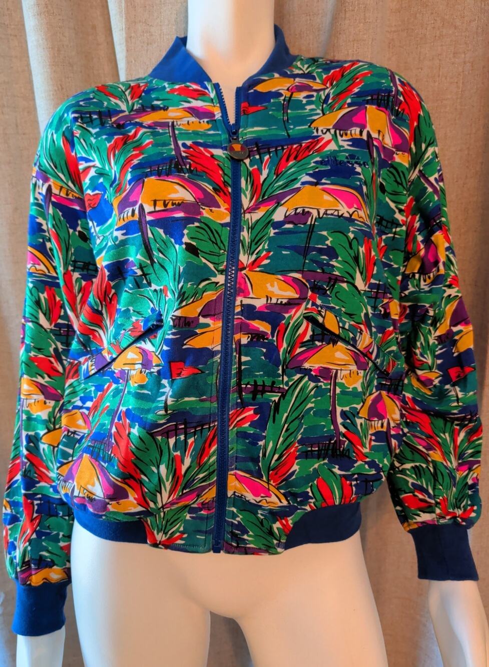 VTG 80s Ellesse Bomber Jacket Bold Funky Vibrant Floral Tropical Full Zip Size S